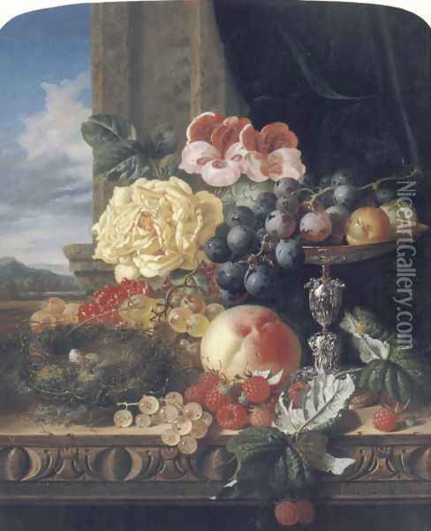 Still Life with Fruit, Flowers and a Bird's Nest Oil Painting - Edward Ladell