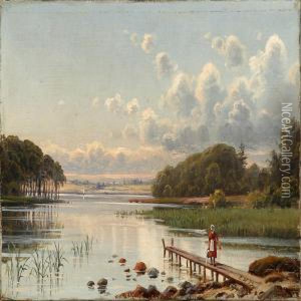 A Woman Carrying Water At The Shore Of Furesoen Lake, Denmark Oil Painting - Carsten Henrichsen