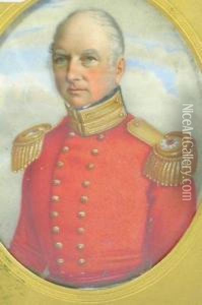 Portrait On Ivory Panel, Of A Military Gentleman In Scarlet Uniform Oil Painting - Adolphus Wing