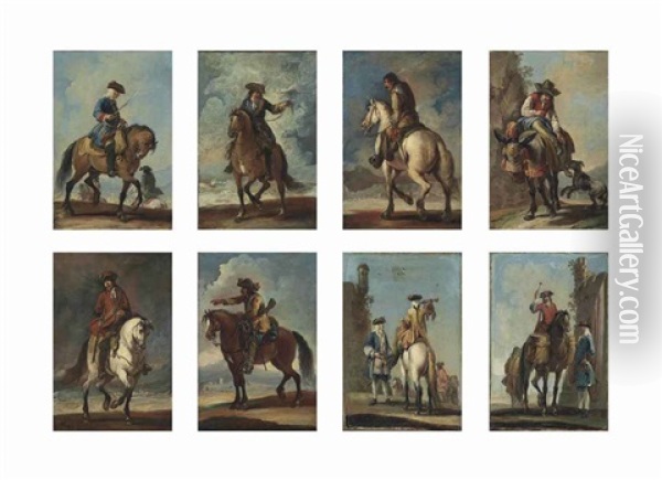Individual Military Figures On Horseback, One On A Mule, Two Being Attended By Other Figures, Before Ruins (set Of 8) Oil Painting - Francesco Simonini