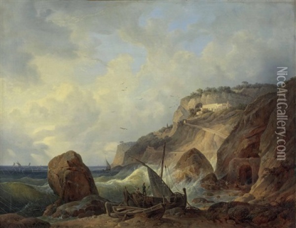 Italienische Felsenkuste Mit Klosteranlage Und Fischer Vor Einem Grotteneingang Oil Painting - Johann Nepomuk Ott