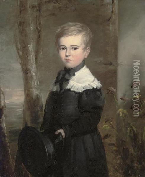 Portrait Of A Young Boy, Three-quarter-length, In School Uniform, Holding A Black Hat In His Left Hand, In A Landscape Oil Painting - John James Masquerier