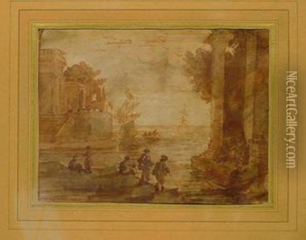 View Of A Harbor Oil Painting - Claude Lorrain (Gellee)