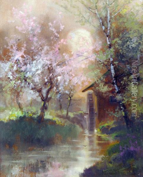Landscape With House And Almond Tree Oil Painting - Laszlo Kezdi Kovacs