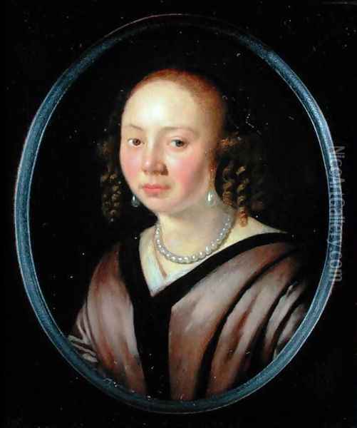 Portrait of a young woman wearing a necklace and earrings Oil Painting - Pieter Cornelisz. van SLINGELANDT