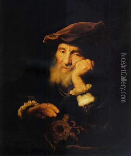 A Bearded Old Man, Seated At A Ledge, In A Fur- And Brocade-lined Cloak And A Velvet Cap Oil Painting - Govaert Flinck