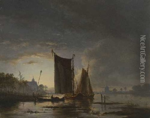 Abendliche Hollandische Flusslandschaft Oil Painting - Jacobus Theodorus Abels