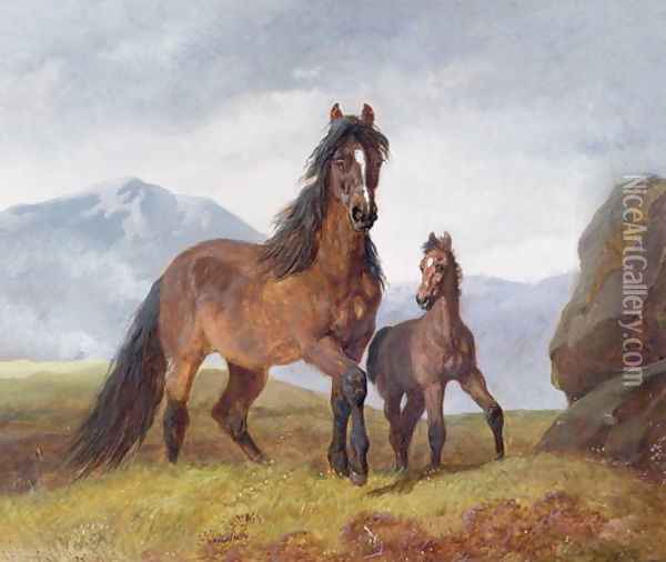 A Welsh Mountain Mare and Foal, 1854 Oil Painting - John Frederick Herring Snr