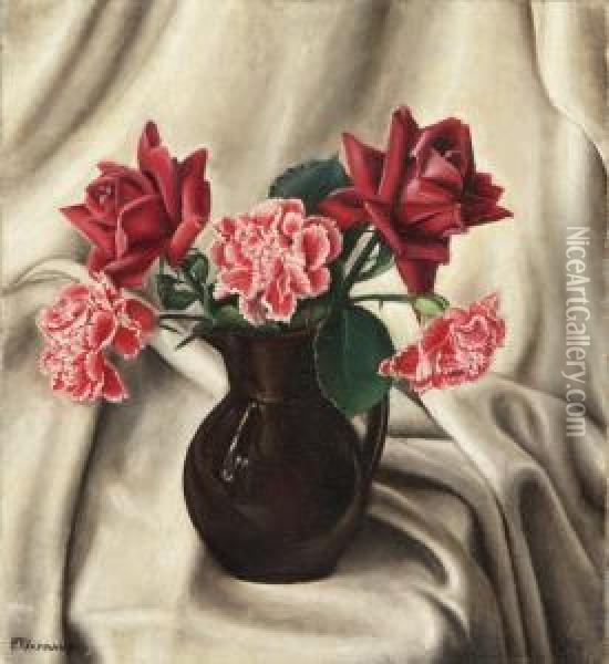 Blumen Stillleben Mit Roten Rosen Und Nelken Oil Painting - Francois Emile Barraud