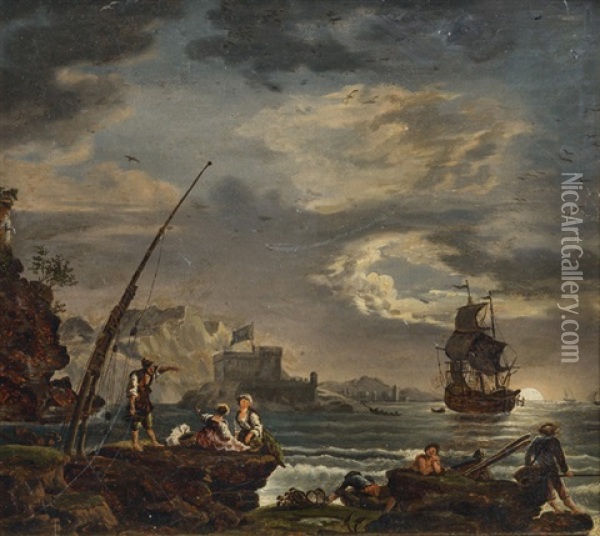 Meereskuste Bei Mondschein Oil Painting - Charles Francois Lacroix