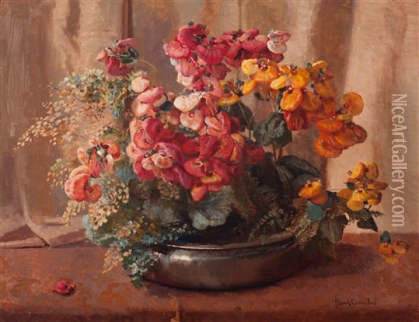 Still Life With Slipperwort In A Brass Dish Oil Painting - Frans David Oerder
