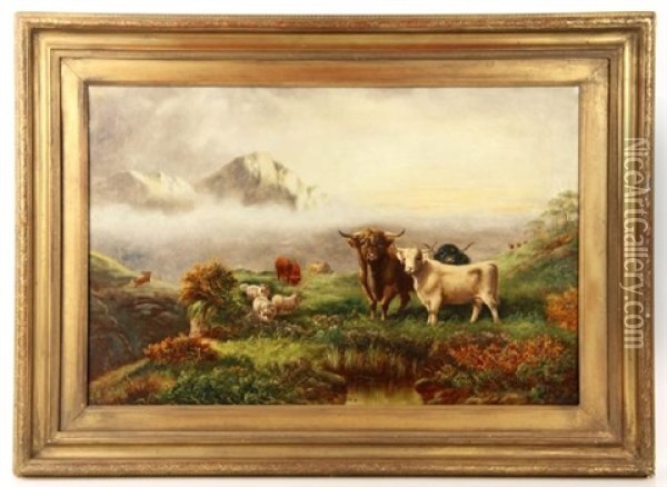 Scottish Steer And Cows Oil Painting - William R.C. Watson