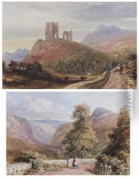 Traveller On A Mountain Road; Castle Ruins In A Landscape Oil Painting - Edward Webb