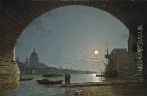 A View Of The Thames With Saint Paul's Cathedral From Blackfriars Oil Painting - Henry Pether