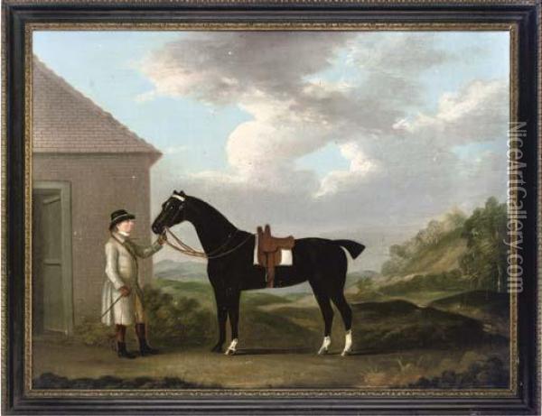 A Gentleman With His Hunter In An Extensive Landscape Oil Painting - J. Francis Sartorius