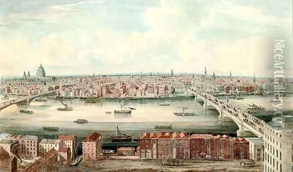 A panorama of the Thames up river from London Bridge Oil Painting - Gideon Yates