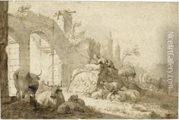 Peasants And Their Animals Resting Among Classical Ruins Oil Painting - Johan Heinrich Roos