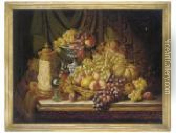 Grapes, Melon, Peaches And A Tankard On A Table Oil Painting - Charles Thomas Bale