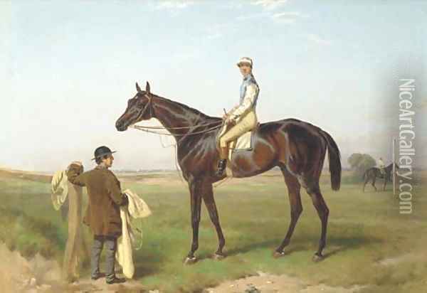 Fisherman with jockey up attended by a groom on a race course Oil Painting - Harry Hall