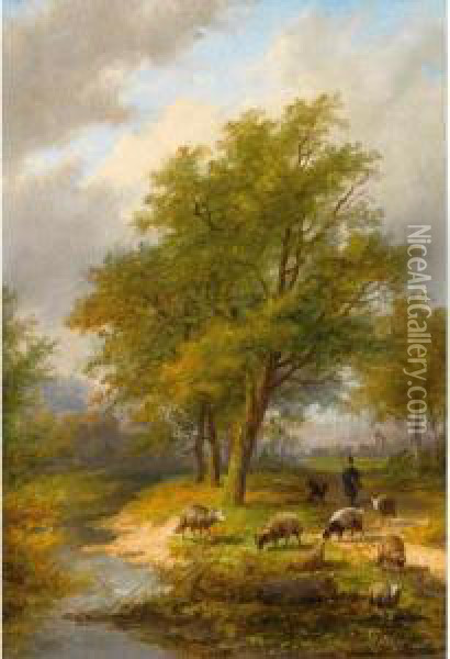 A Shepherd And His Flock In A Summer Landscape Oil Painting - Jan Evert Morel