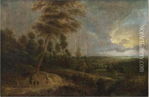 An Extensive Wooded Landscape With Travellers On A Path Oil Painting - Lucas Van Uden