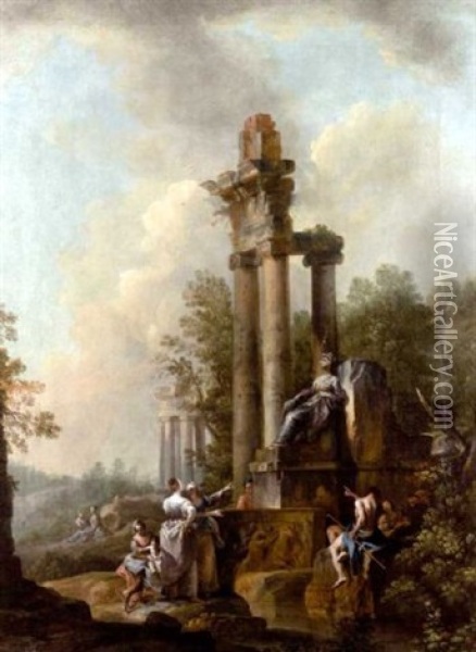 A Landscape With Figures Resting Before Classical Ruins (in Collab. With Tommaso Nicola Bertuzzi, L'anconitano) Oil Painting - Carlo Lodi