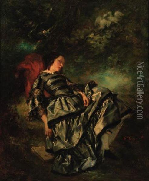 A Lady In An Elegant Dress Reclining Under A Tree Oil Painting - Octave Tassaert