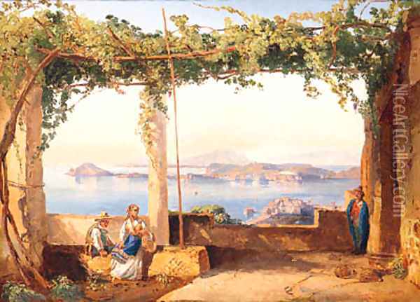 Figures Under A Pergola With The Bay Of Naples Beyond Oil Painting - Ercole Gigante