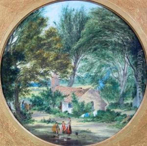 Rural Landscape With Figures At A Duck Pond And Tiled Cottage Beyond Oil Painting - Alfred Stannard