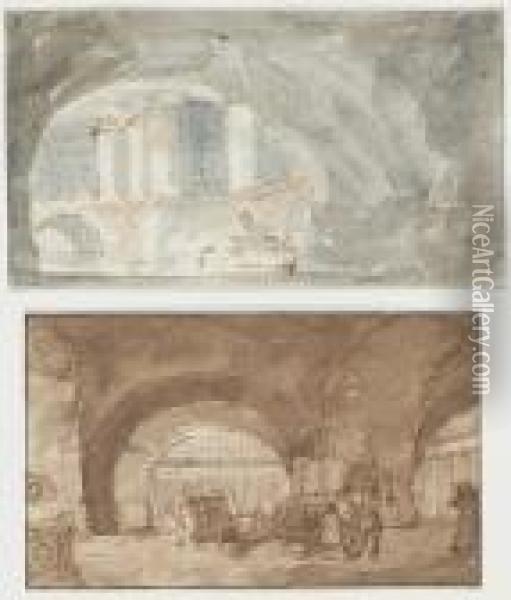 Roman Caves, Possibly Stage Designs: Two Oil Painting - Victor-Jean Nicolle