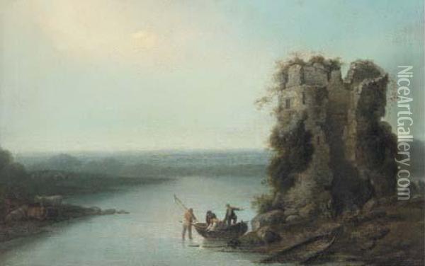 Fishermen In A Boat Before A Tower Ruin, In An Extensivelandscape Oil Painting - Loutherbourg, Philippe de