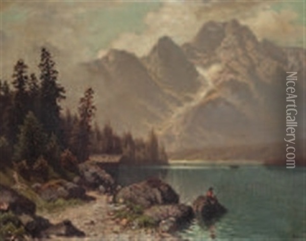 Bergsee Mit Fischer Oil Painting - Theodor (Wilhelm T.) Nocken