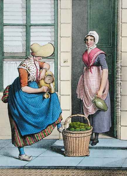 A woman selling milk and vegetables, illustration from 'Collections des Costumes des Provinces Septentrionales du Royaume des Pays Bas...', 1828 Oil Painting - Johannes Franciscus Christ