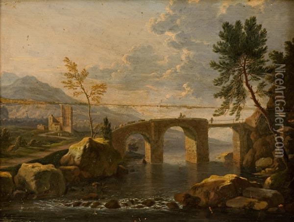 Paesaggio Fluviale Con Viandanti Che Attraversano Un Ponte Oil Painting - Herman Van Swanevelt