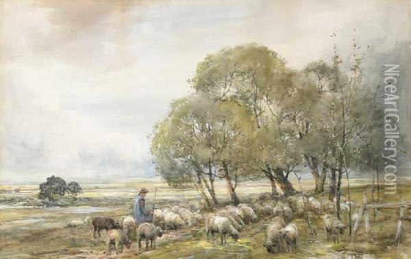Pastoral Landscape With Shepherd Andflock Oil Painting - Claude Hayes