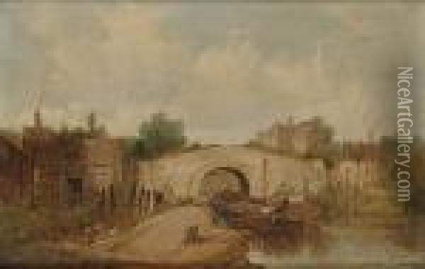 'lock At Brentford, Middlesex'; And A Town On A River Oil Painting - Henry Harold Vickers