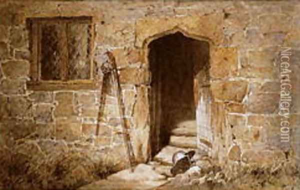 After the battle - a helmet before a stone gothic doorway, 1855 Oil Painting - Aaron Edwin Penley