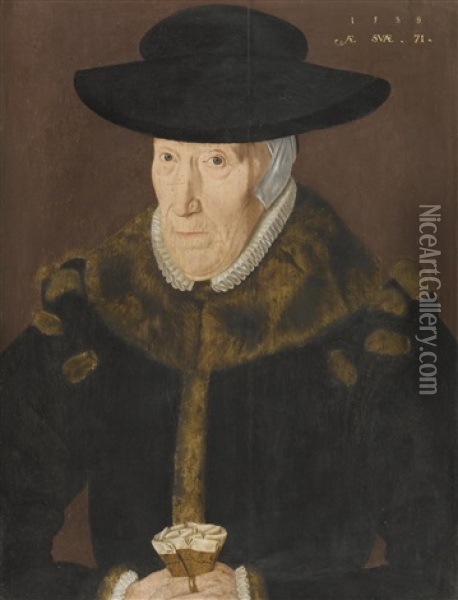 Portrait Of A Lady, Half Length Wearing A Fur Lined Coat And Black Hat Oil Painting - John Bettes the Younger