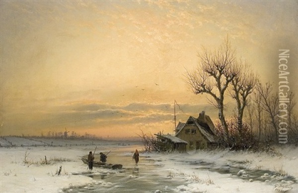 Winter Evening At The Stream Oil Painting - Georg Schmitz
