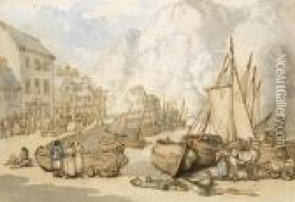 Fishing Boats At Low Tide In A Harbour, Possibly Port Isaac,cornwall Oil Painting - Thomas Rowlandson