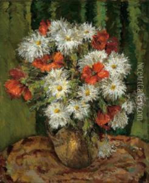 Daisies And Poppies In A Vase Oil Painting - Ludwig Muhrmann