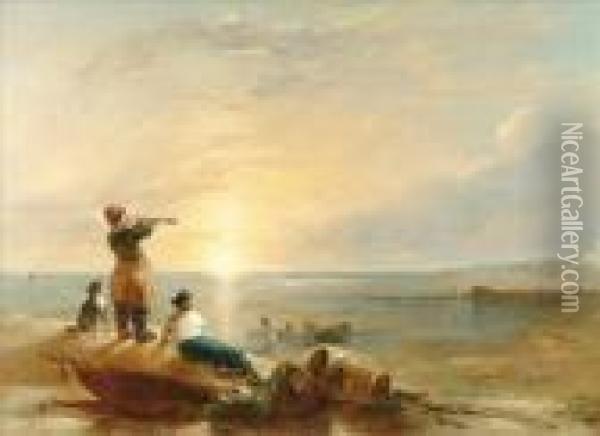 Seascape With A Figure Lookingout To Sea Through A Telescope Oil Painting - William Collins