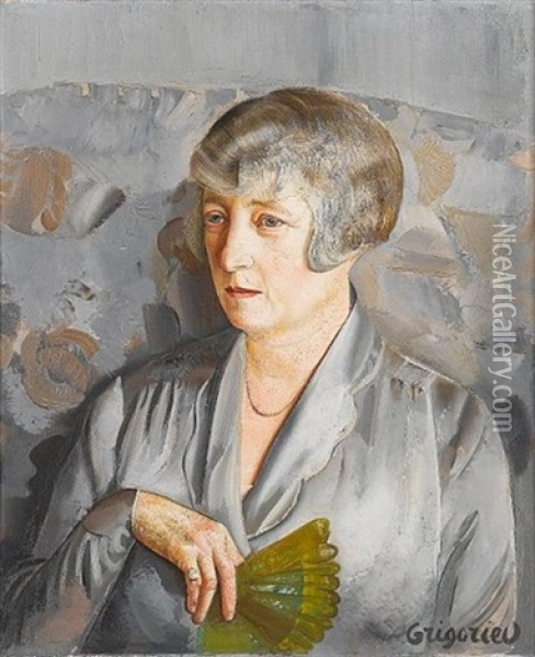Portrait Of Madam Barthelemy With Green Fan Oil Painting - Boris Dmitrievich Grigoriev