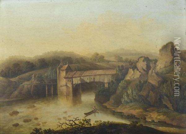 Felsiges Flussufer Mit Gedeckter Holzbrucke Oil Painting - Philippine Maria Schutz