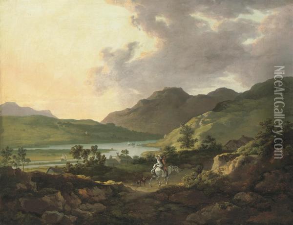 A Mountainous Lake Landscape With Travellers On A Path In The Foreground And Boats On The Lake Beyond Oil Painting - William Ashford