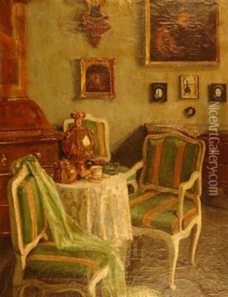 Die Teestunde. Sitzgruppe Mit Gedeckter Tafel Im Salon Oil Painting - Eleonore von Friedeburg