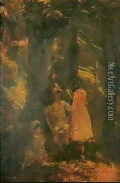 Lectura En La Mesa De Piedra, Ninos Leyendo Una Carta Bajo  Un Gran Arbol Oil Painting - Luis Menendez Pidal