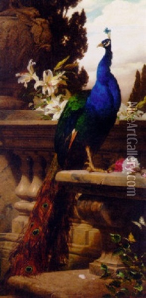 A Peacock In A Classical Landscape With Lillies And Roses Oil Painting - Gyula von (Julius de) Benczur