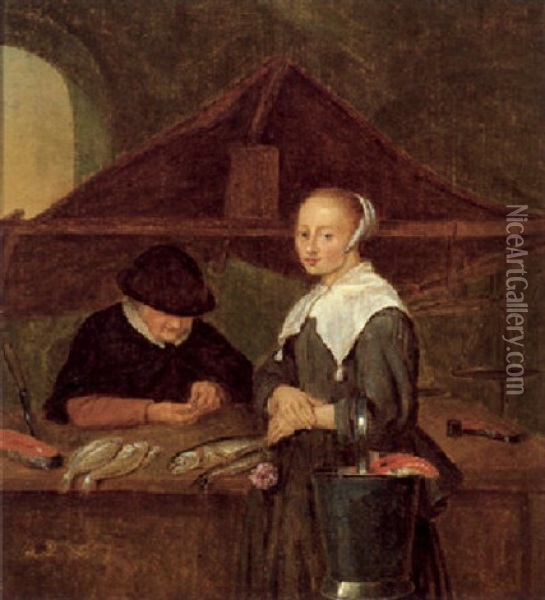 Junge Magd Bei Der Fischhandlerin Oil Painting - Quiringh Gerritsz van Brekelenkam