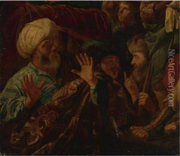 Possibly Ahasveros Condemning Haman Oil Painting - R. Van Adelo